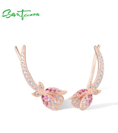 SANTUZZA 925 Sterling Silver Earrings Climber Created Ruby Sapphire White CZ Flower Cuff Pierce Jewelry - Pink and Red Stones