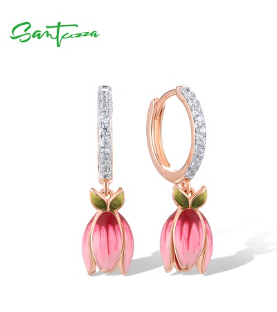SANTUZZA 925 Sterling Silver Drop Earrings White CZ Enamel Tulip Flower Jewelry