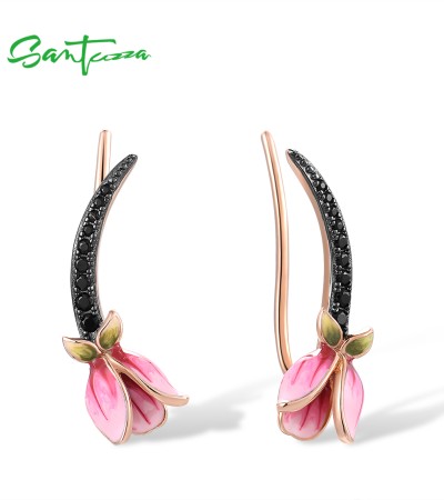SANTUZZA 925 Sterling Silver Earrings Climber Black Spinel Tulip Flower Pierce Jewelry Enamel