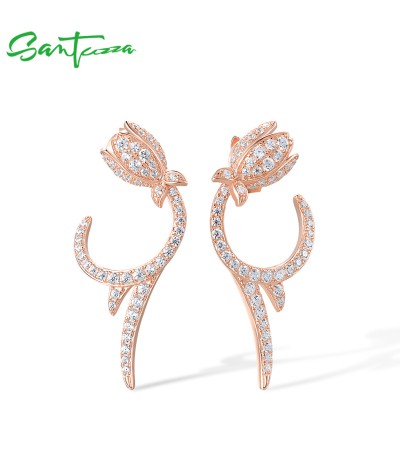 SANTUZZA 925 Sterling Silver Earrings White CZ Tulip Flower Rose Gold Plated Fine Jewelry