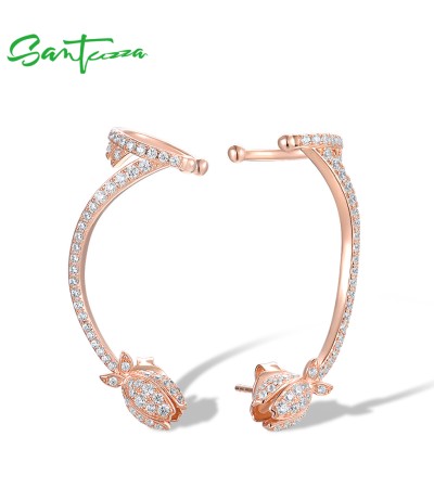 SANTUZZA 925 Sterling Silver Earrings White CZ Pink Tulip Flower Ear Cuff Fine Jewelry