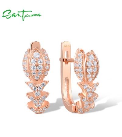 SANTUZZA 925 Sterling Silver Earrings White CZ Pink Flower Latch Back Fine Jewelry