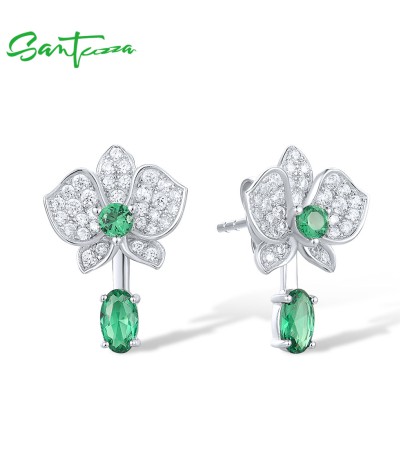SANTUZZA 925 Sterling Silver Stud Earrings White CZ Green Spinel Flower Dangling Jewelry