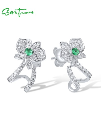 SANTUZZA 925 Sterling Silver Stud Earrings White CZ Green Spinel Orchid Flower Fine Jewelry