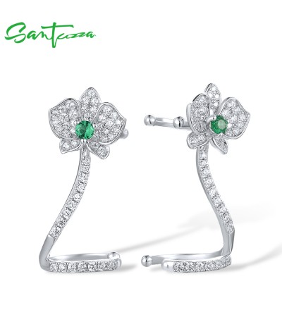 SANTUZZA 925 Sterling Silver Cuff Earrings White CZ Green Spinel Orchid No Pierce Fine Jewelry