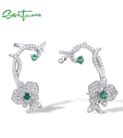 SANTUZZA 925 Sterling Silver Cuff Earrings White CZ Green Spinel Flower Fine Jewelry