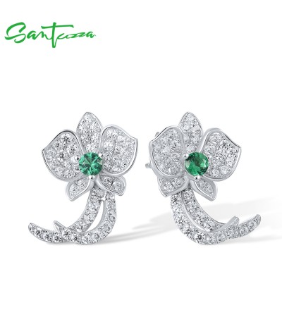 SANTUZZA 925 Sterling Silver Stud Earrings White CZ Green Spinel Orchid Flower Fine Jewelry