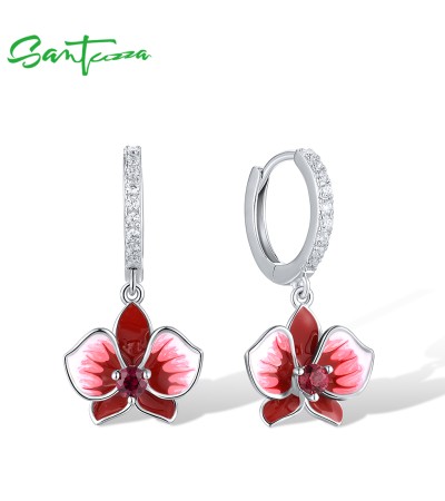 SANTUZZA 925 Sterling Silver Drop Earrings White CZ Created Ruby Enamel Flower Jewelry