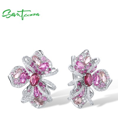 SANTUZZA 925 Sterling Silver Earrings Created Ruby Pink Sapphire Lily Flower Jewelry