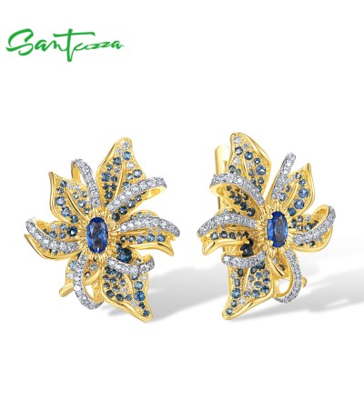 SANTUZZA Silver Earrings 925 Sterling Silver Blue Spinel White CZ Blooming Flower Jewelry