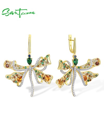 SANTUZZA 925 Sterling Silver Dangle Earrings Multicolor Gemstone Dragonfly Fine Jewelry