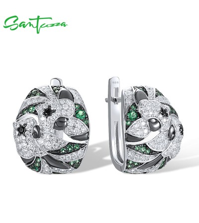 SANTUZZA 925 Sterling Silver Earrings Green Black Spinel White CZ Flower Fine Jewelry