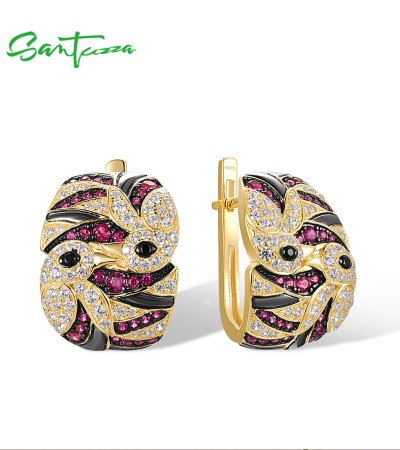 SANTUZZA 925 Sterling Silver Earrings Created Ruby White CZ Cute Bird Jewelry