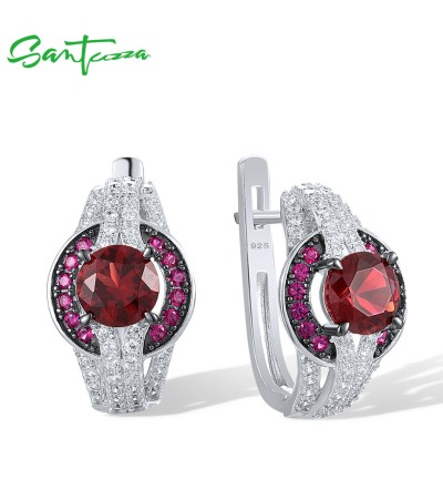 SANTUZZA 925 Sterling Silver Earrings Round Red Stones White CZ Earrings Jewelry
