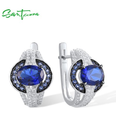 SANTUZZA 925 Sterling Silver Earrings Blue White Cubic Zirconia Earrings Jewelry