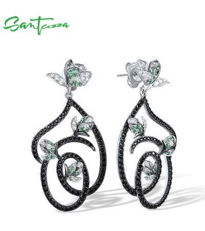 SANTUZZA 925 Sterling Silver Dangling Earrings Black Green Spinel White Lotus Flower Jewelry