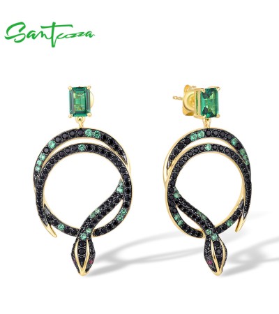 SANTUZZA 925 Sterling Silver Stud Earrings  Black Green Spinel Snake Animal Jewelry