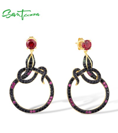 SANTUZZA 925 Sterling Silver Stud Earrings Black Spinel Created Ruby Snake Animal Jewelry