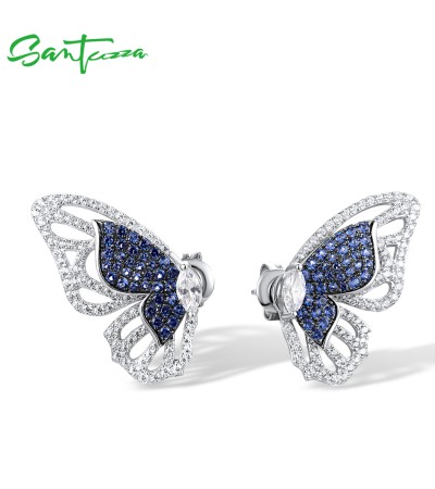 SANTUZZA 925 Sterling Silver Stud Earrings Blue Nano/White CZ Butterfly Earrings Fine Jewelry
