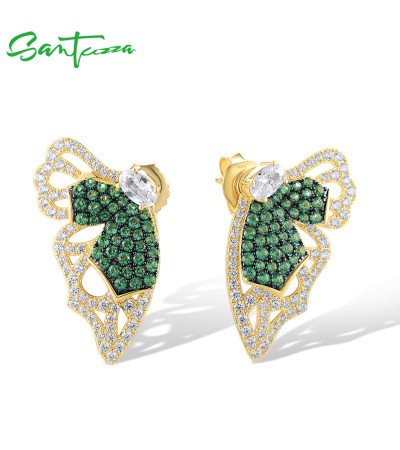 SANTUZZA 925 Sterling Silver Earrings Green Spinel White CZ Chic Butterfly Jewelry
