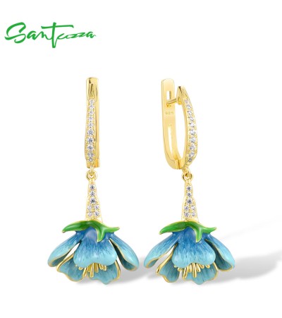 SANTUZZA 925 Sterling Silver Dangling Earrings White CZ Blue Flower Enamel Jewelry