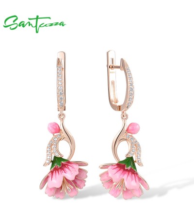 SANTUZZA 925 Sterling Silver Drop Earrings White Cubic Zirconia Pink Enamel Flower Jewelry