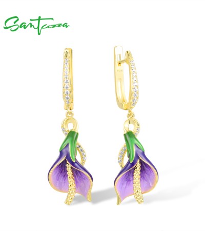 SANTUZZA 925 Sterling Silver Drop Earrings White Cubic Zirconia Purple Tulip Jewelry Enamel