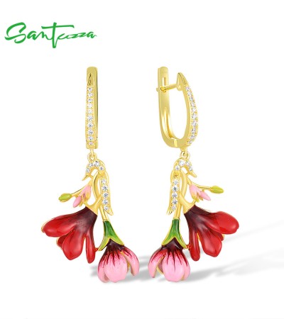 SANTUZZA 925 Sterling Silver Dangling Earrings White Cubic Zirconia Red Flower Jewelry Enamel