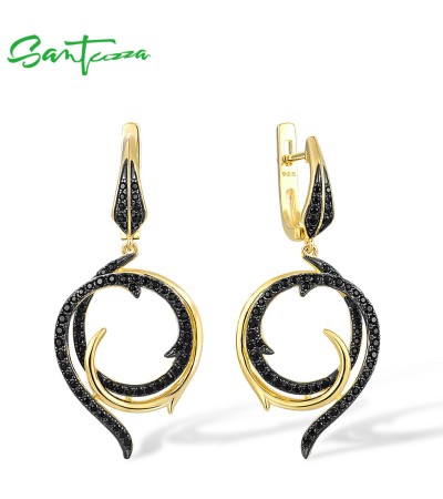 SANTUZZA 925 Sterling Silver Earrings Black Spinel Gold Color Fine Jewelry