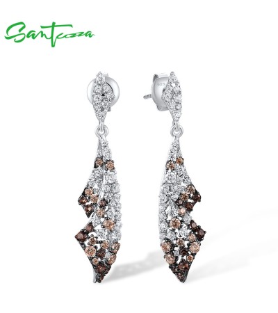 SANTUZZA 925 Sterling Silver Earrings Nano Brown Spinel Champagne CZ Dangling Fine Jewelry