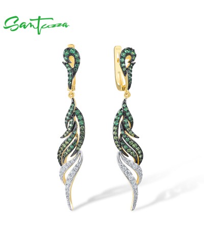 SANTUZZA Pure 925 Sterling Silver Dangling Earrings For Women Sparkling Green Spinel White CZ Curly Fashion Fine Chic Jewelry