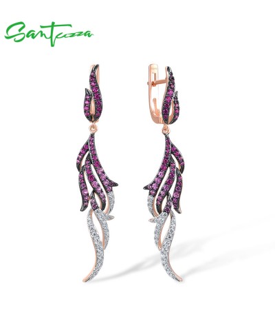 SANTUZZA 925 Sterling Silver Dangling Earrings Created Pink Sapphire/ Ruby White CZ Feather Jewelry
