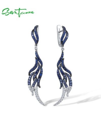 SANTUZZA 925 Sterling Silver Dangling Earrings Blue Spinel White CZ Latch Back Feather Jewelry