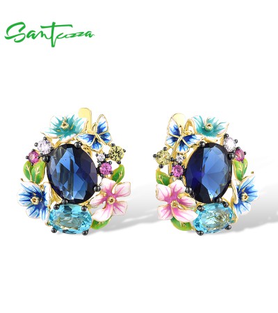 SANTUZZA 925 Sterling Silver Earrings Colorful Enamel Flower Blue Stone Enamel Fine Jewelry
