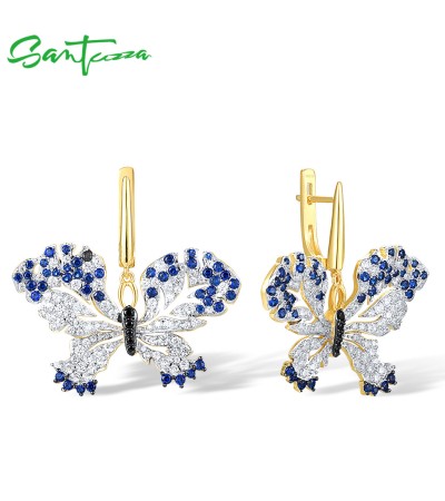 SANTUZZA 925 Sterling Silver Earrings White CZ Blue Spinel Butterfly Jewelry