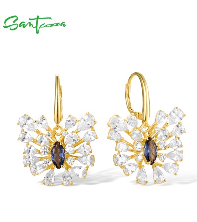 SANTUZZA 925 Sterling Silver Dangling Earrings White CZ Blue Spinel Loop Butterfly Jewelry