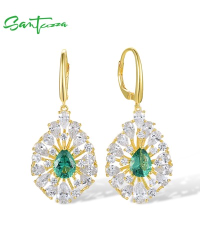 SANTUZZA 925 Sterling Silver Dangling Earrings White CZ Green Spinel Hoop Cluster Jewelry