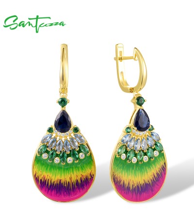 SANTUZZA 925 Sterling Silver Rainbow Earrings Colorful Stone Fan Shape Yellow Plate Enamel Jewelry