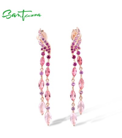 SANTUZZA 925 Sterling Silver Stud Long Earrings Created Pink Sapphire /Ruby Ombre Jewelry