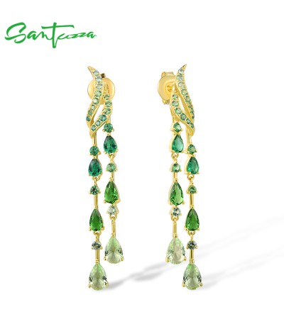 SANTUZZA 925 Sterling Silver Stud Long Earrings Ombre Green Spinel And Glass Gold Plated Jewelry