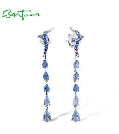 SANTUZZA 925 Sterling Silver Ombre Long Stud Earrings Blue Spinel /Glass / Nano CZ Jewelry