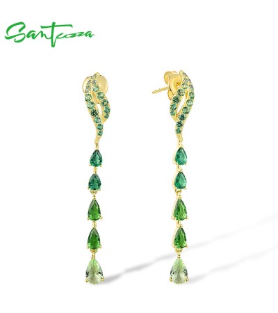 SANTUZZA 925 Sterling Silver Stud Dangling Earrings Ombre Green Spinel And Glass Gold Color Jewelry