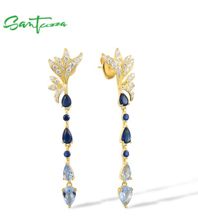 SANTUZZA 925 Sterling Silver Ombre Stud Dangling Earrings Blue Spinel /Glass White CZ Jewelry