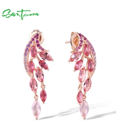 SANTUZZA 925 Sterling Silver Stud Earrings Created Pink Sapphire /Ruby Ombre Marquise Jewelry