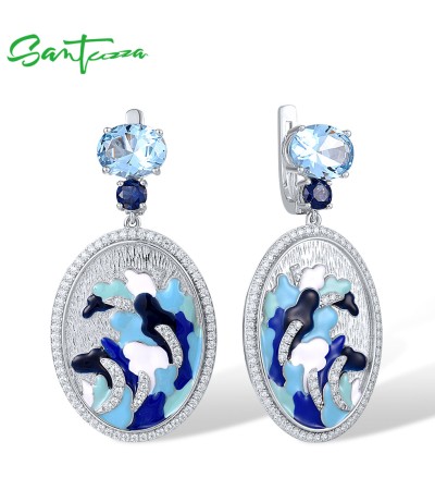 SANTUZZA 925 Sterling Silver Earrings Geometric Blue Ocean Weave Jewelry Handmade Enamel