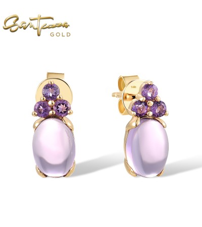 SANTUZZA 14K 585 Yellow Gold Stud Earrings Amethyst Fine Jewelry