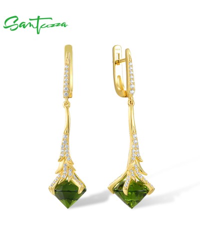 SANTUZZA 925 Sterling Silver Earrings White Cubic Zirconia Green Glass Yellow Plating Fine Jewelry