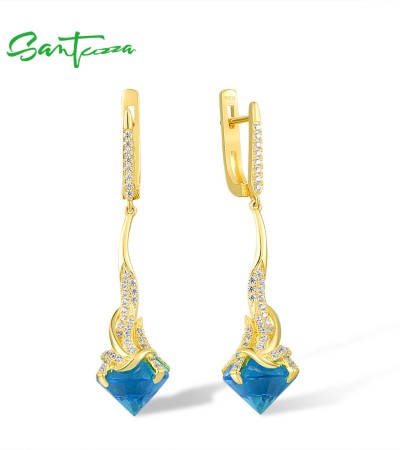 SANTUZZA 925 Sterling Silver Earrings White Cubic Zirconia Blue Glass Fine Jewelry