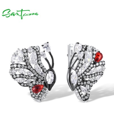 SANTUZZA 925 Sterling Silver Blutterfly Earrings White CZ Red Glass Latch Back Fine Jewelry