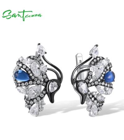 SANTUZZA 925 Sterling Silver Blutterfly Earrings White CZ Blue Glass Latch Back Fine Jewelry